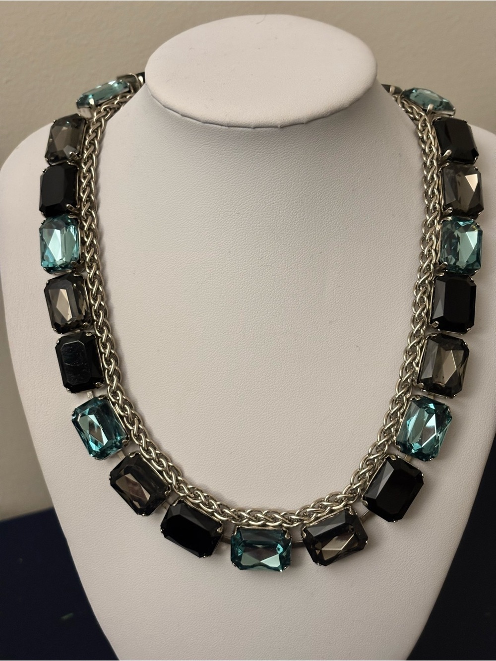 Aqua Black Gray Rhinestone Statement Necklace 18” Attached Silver Tone Chain